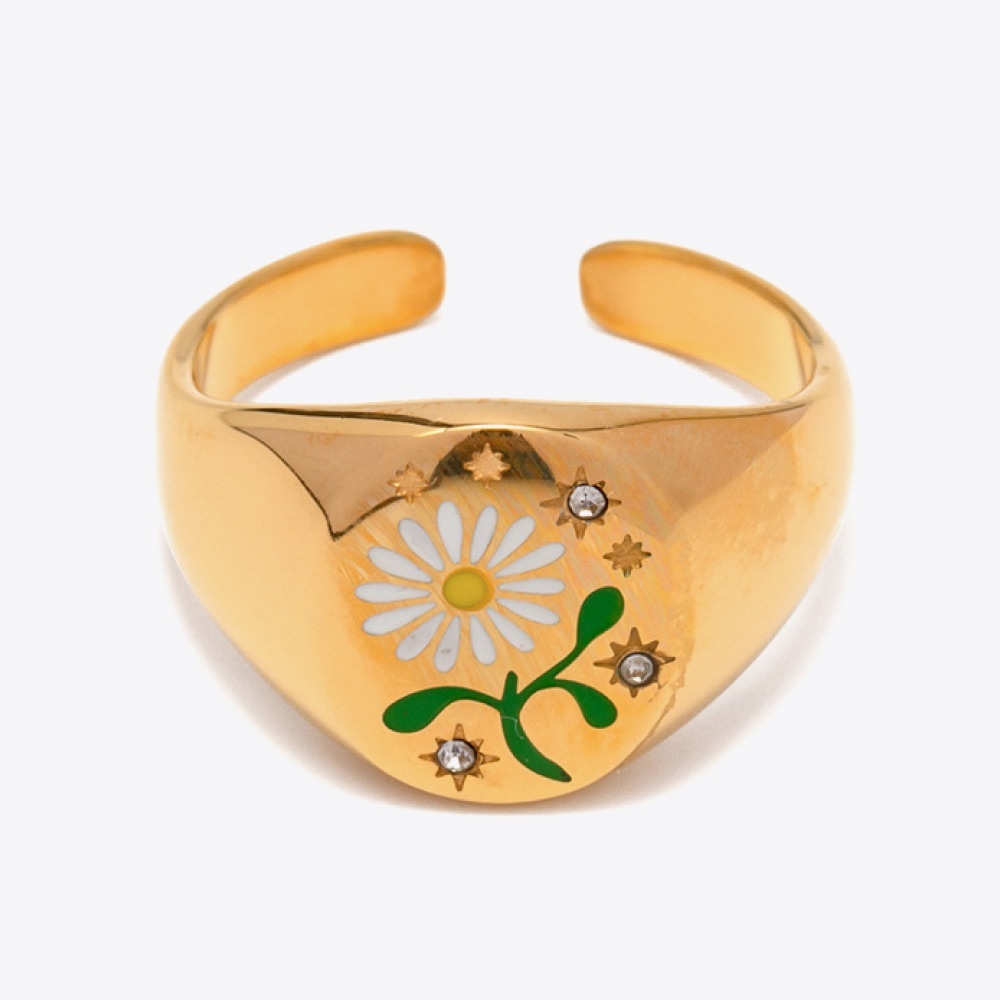 Flower Stamped 18K Gold Plated Stainless Steel Open Back Adjustable Signet Ring